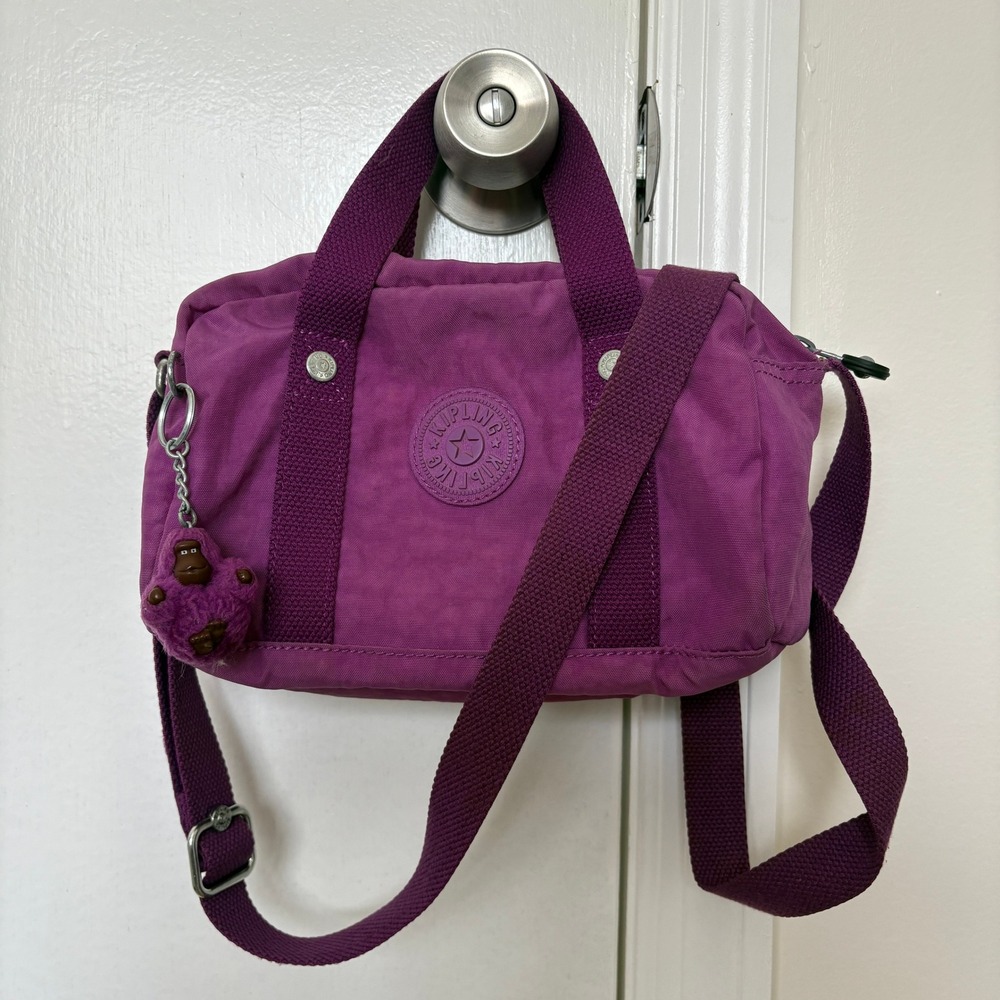 Kipling Purple Nylon Crossbody Bag Satchel with Monkey Keychain